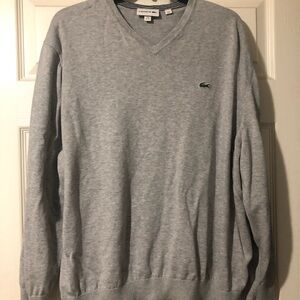 Lacoste Men's V-Neck Sweater in Light Gray with Green Croc Logo